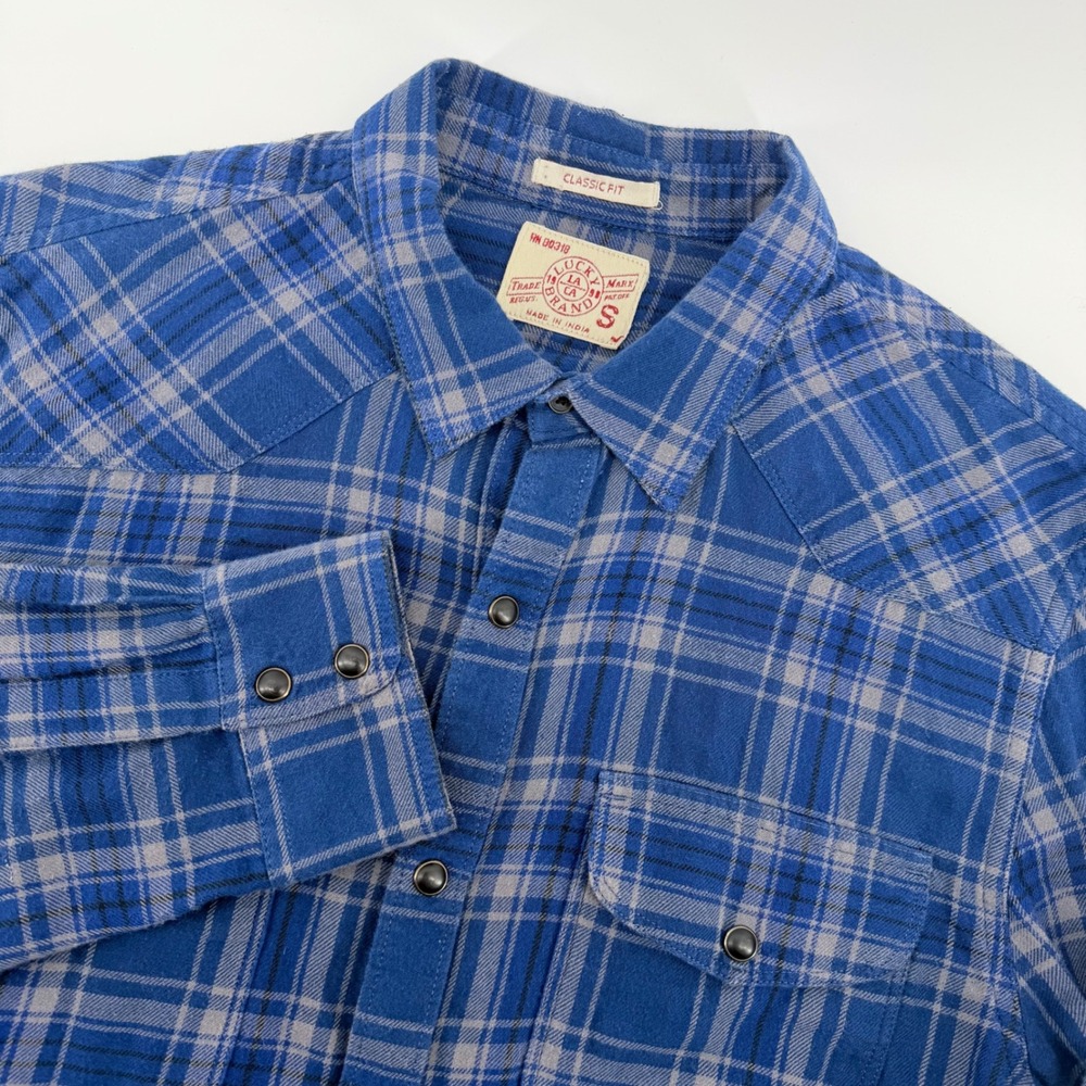 Lucky Brand Flannel Shirt Mens Small Blue Plaid Western Snap Classic Fit